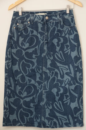 Cato Est. 1946 Denim Midi Skirt Women Size 2 Blue Heart Swirl Print Pencil Skirt