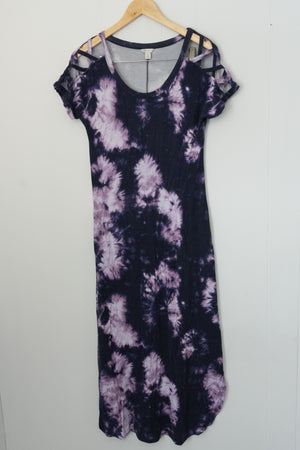 Cato Maxi Dress Women Small Purple Tie Dye Cold Shoulder Lattice Sleeve Pockets