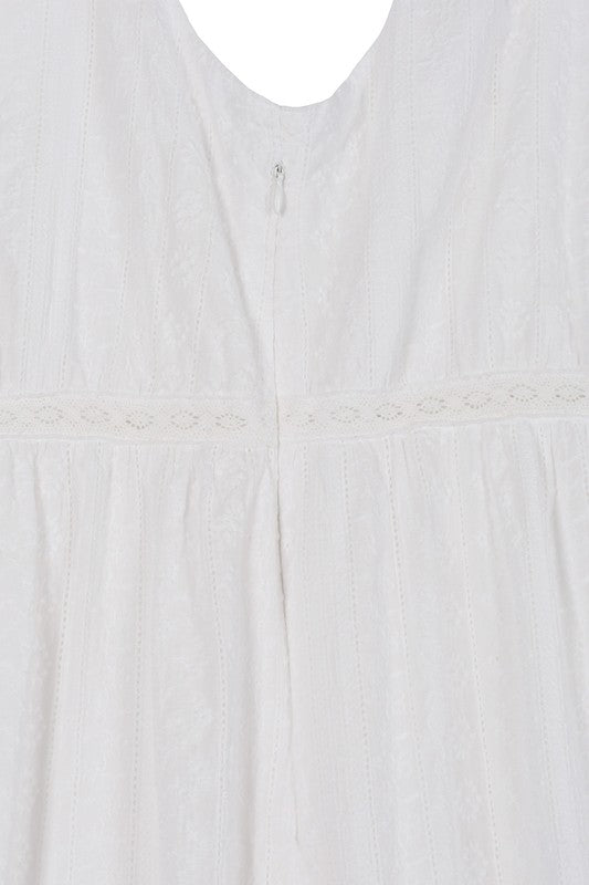 Embroidered White V-Neckline Tiered Dress