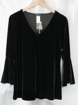 Prelude Velvet Blouse Women Large Black V-Neck Bell Sleeve Top