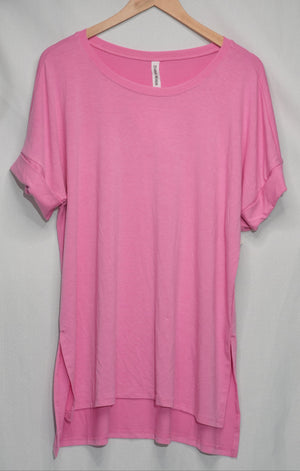 Zenana Tunic Top Womens Medium Pink Short Sleeve High Low Hem Crew Neck