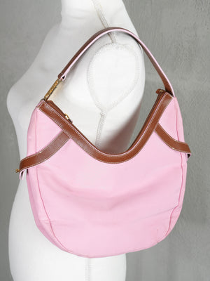 Lauren Ralph Lauren Hobo Bag Women Medium Pink Brown Leather Trim Nylon