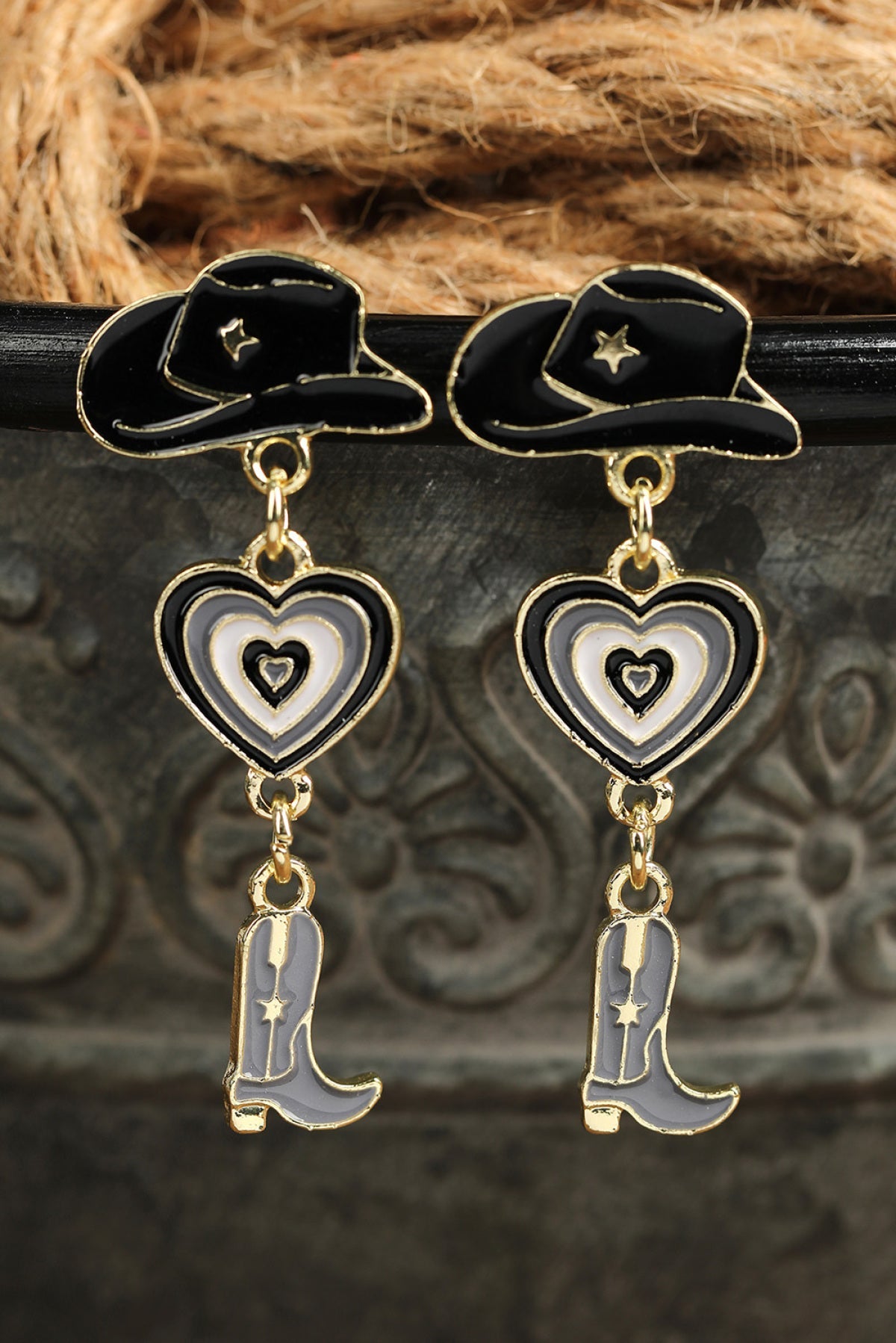 Black Cowboy Hat And Boots Valentine Costume Earrings