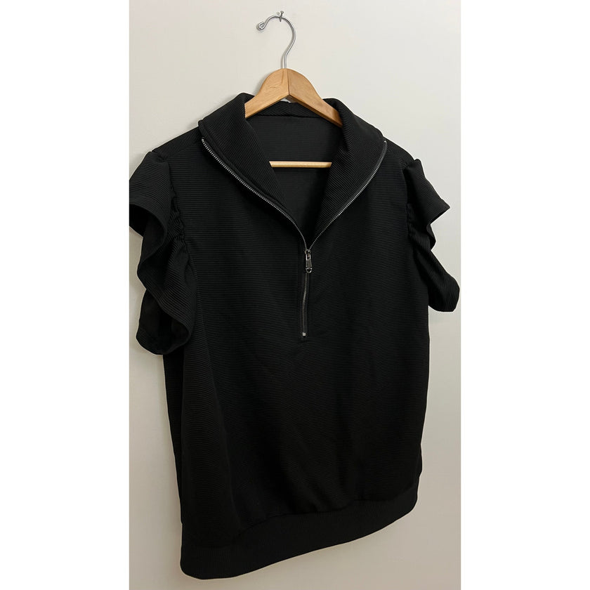 Black Ribbed Half Zip Top with Ruffle Sleeves Size XL