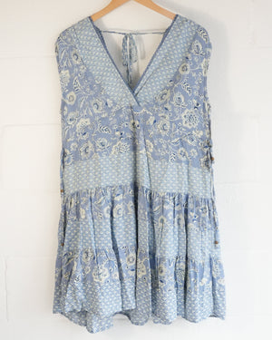 Angie Mini Dress Women Size Small Blue Floral Patchwork Boho Tiered V-Neck Rayon