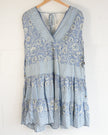 Angie Mini Dress Women Size Small Blue Floral Patchwork Boho Tiered V-Neck Rayon
