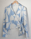 SHEIN Wrap Blouse Women Large Blue White Floral Abstract Long Sleeve Tie Top