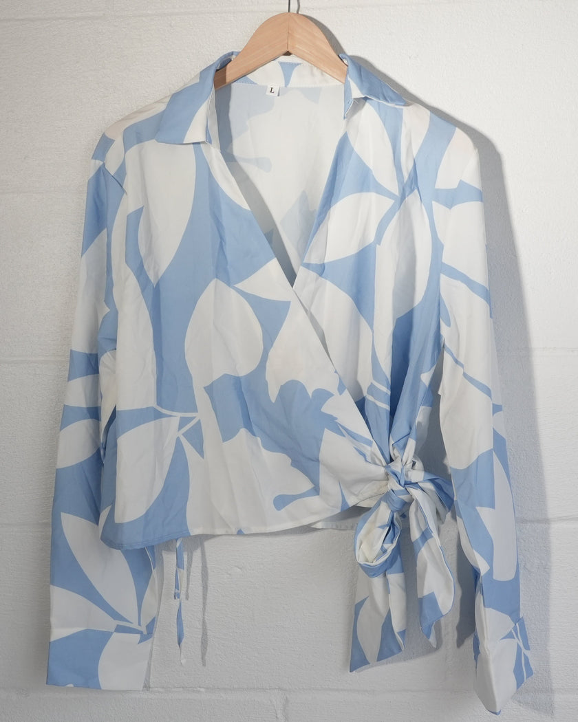 SHEIN Wrap Blouse Women Large Blue White Floral Abstract Long Sleeve Tie Top