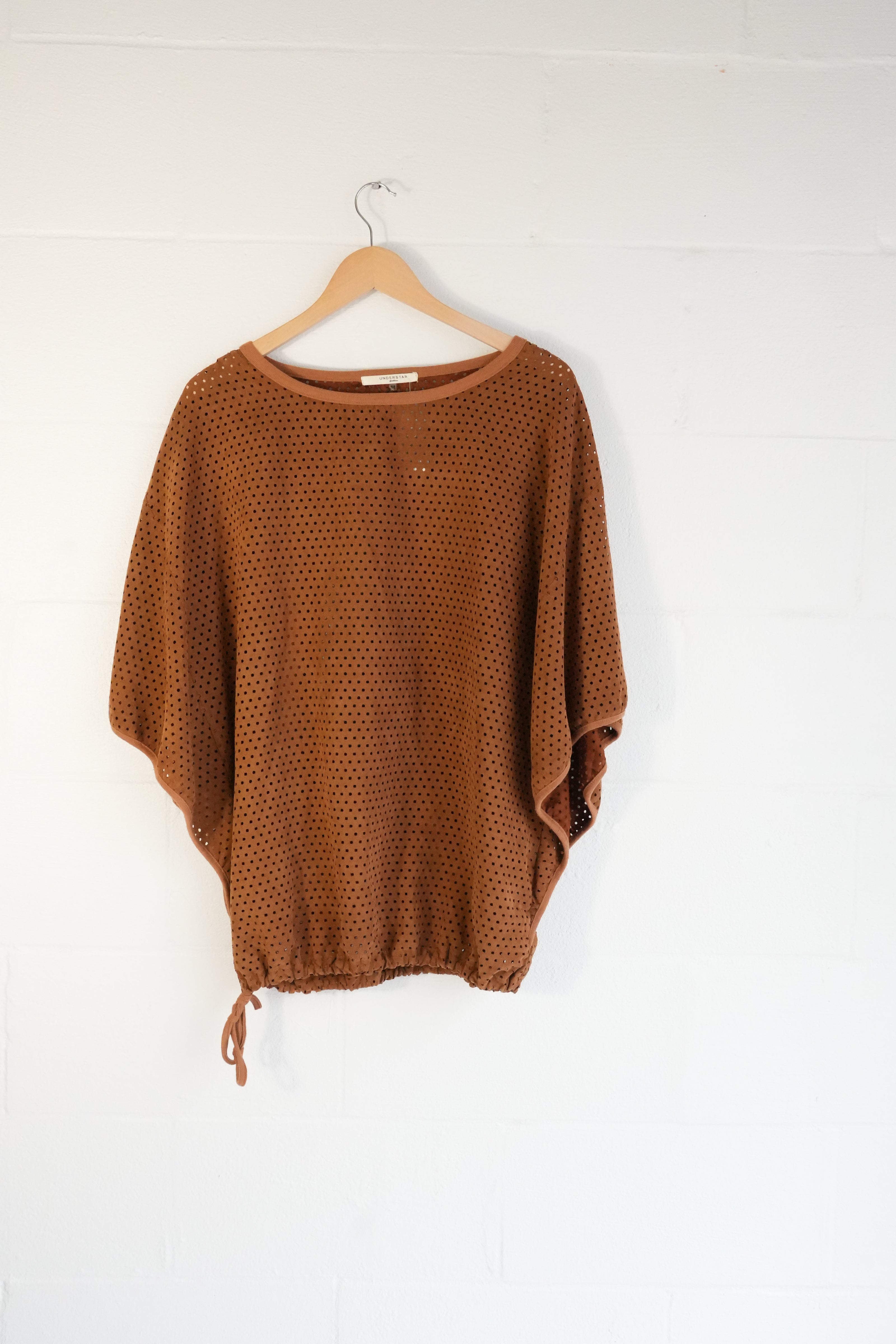 Understar Laser Cut Poncho Top Women Medium Brown Dolman Sleeve Tie Hem