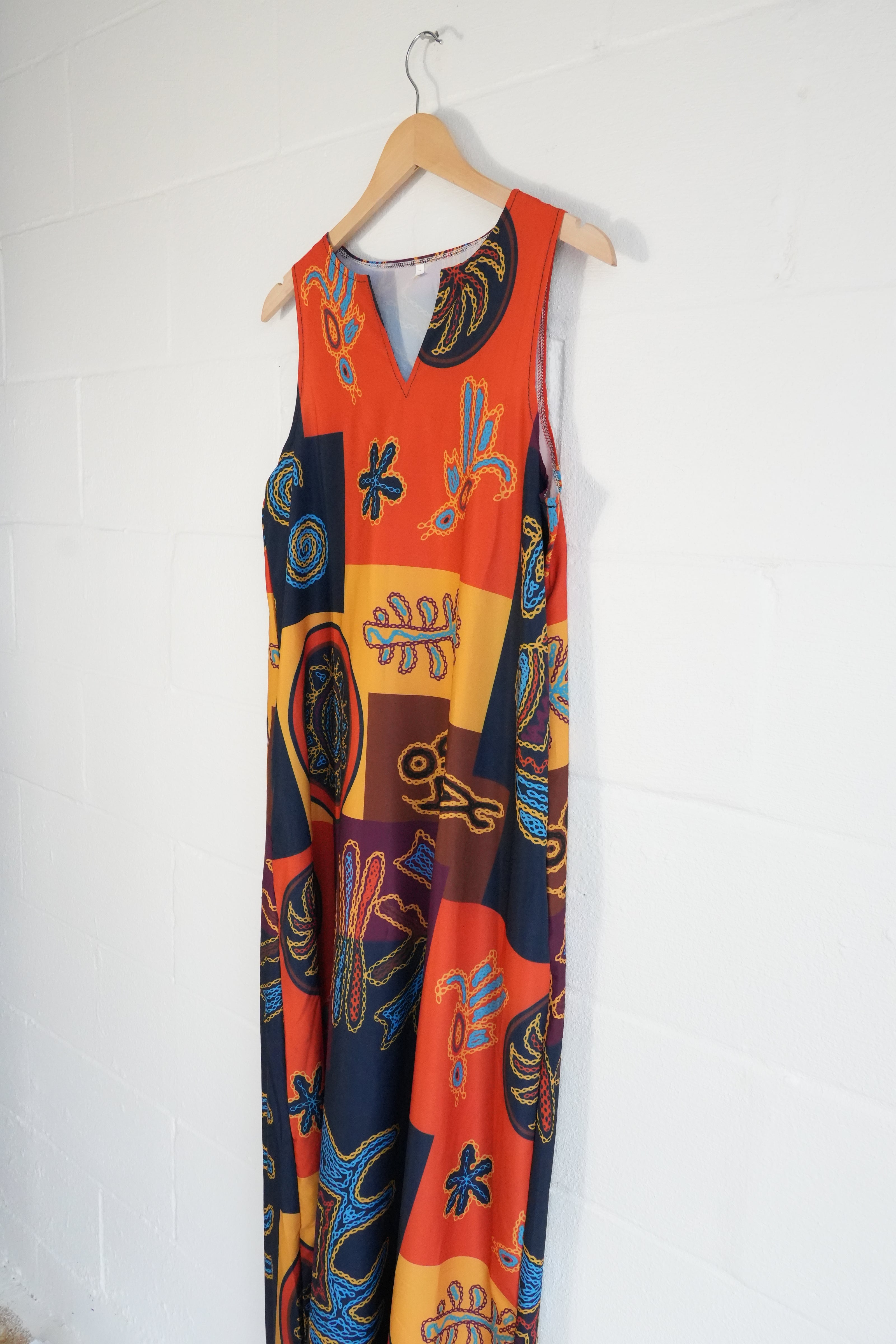 Abstract Print Maxi Dress Women Medium Orange Geometric Sleeveless
