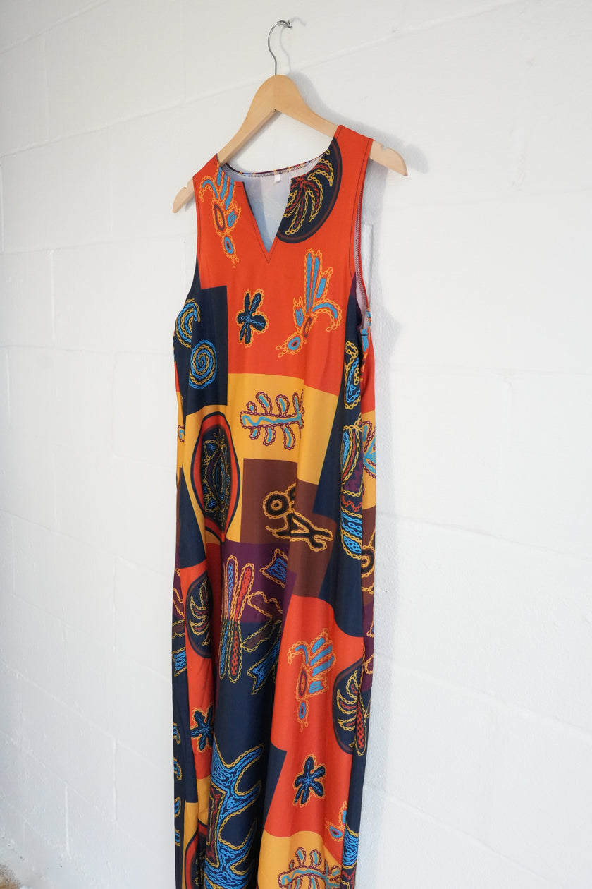 Abstract Print Maxi Dress Women Medium Orange Geometric Sleeveless