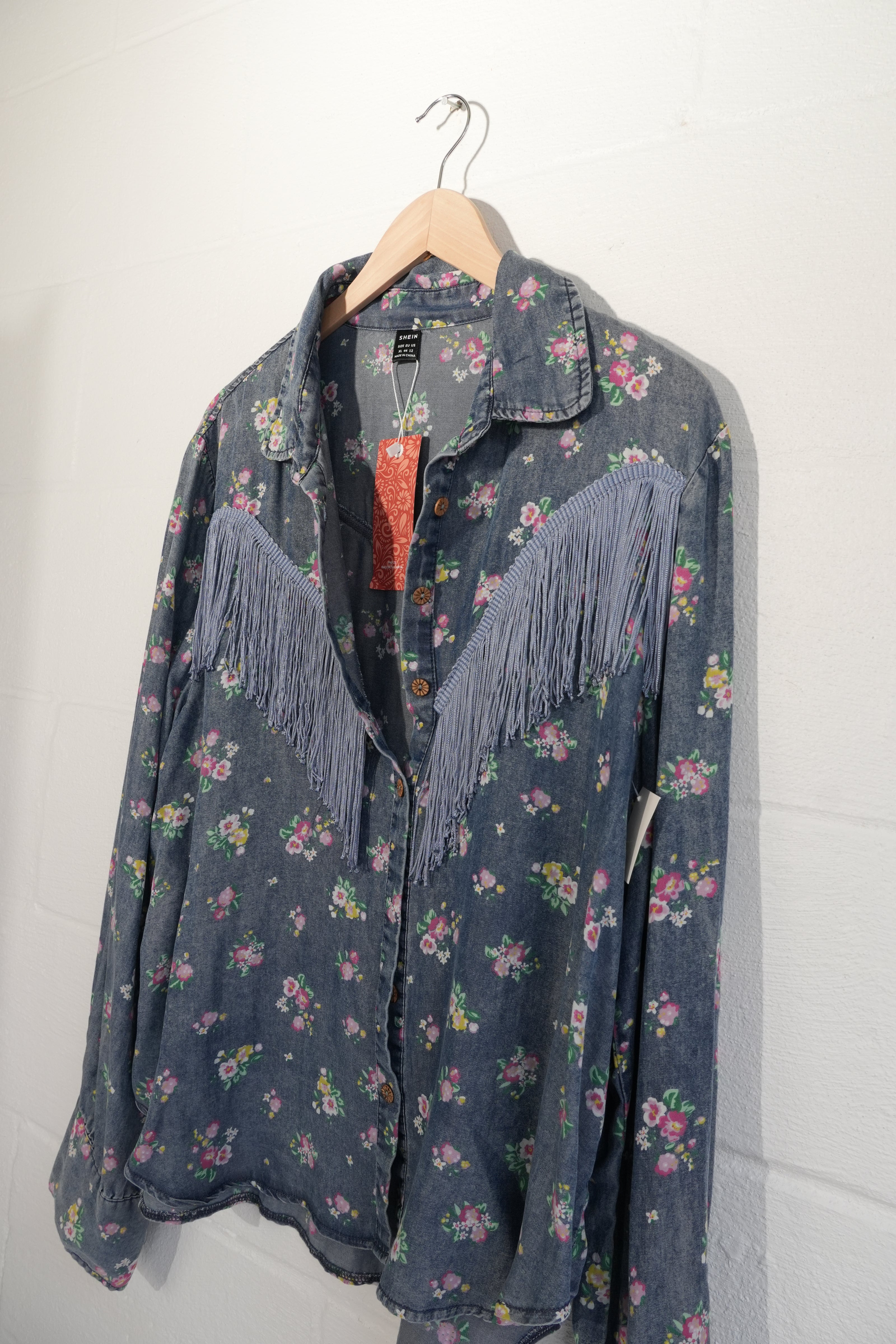 SHEIN Button Down Shirt Women X-Large Blue Floral Fringe Western Denim Top