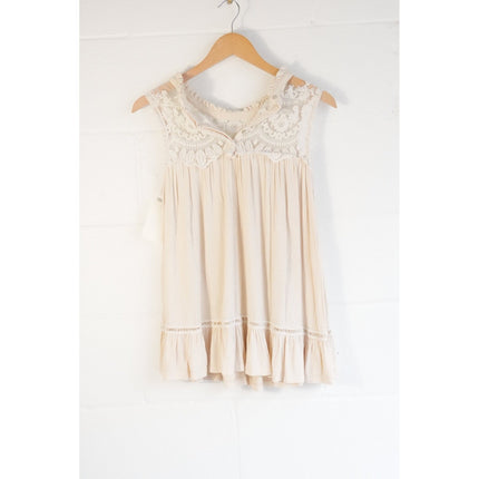 Anthropologie Lace Ruffle Hem Tank Top Women Medium Cream Boho Sleeveless