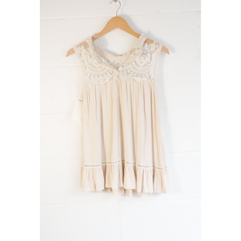 Anthropologie Lace Ruffle Hem Tank Top Women Medium Cream Boho Sleeveless