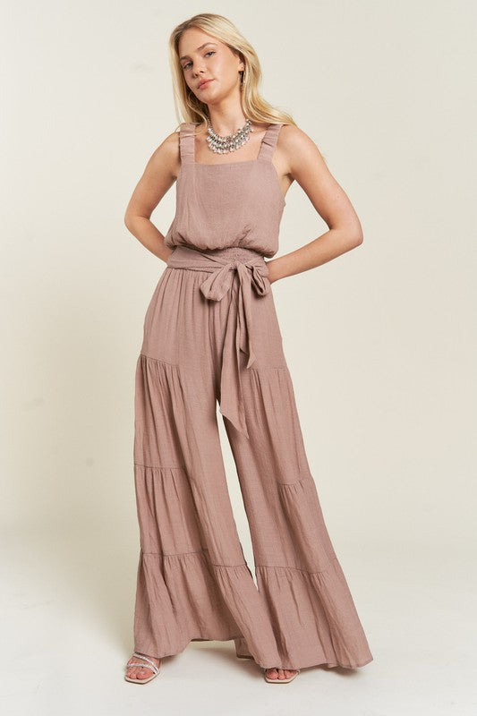 Plus Sizes ELASTIC STRAP TIERED JUMPSUIT