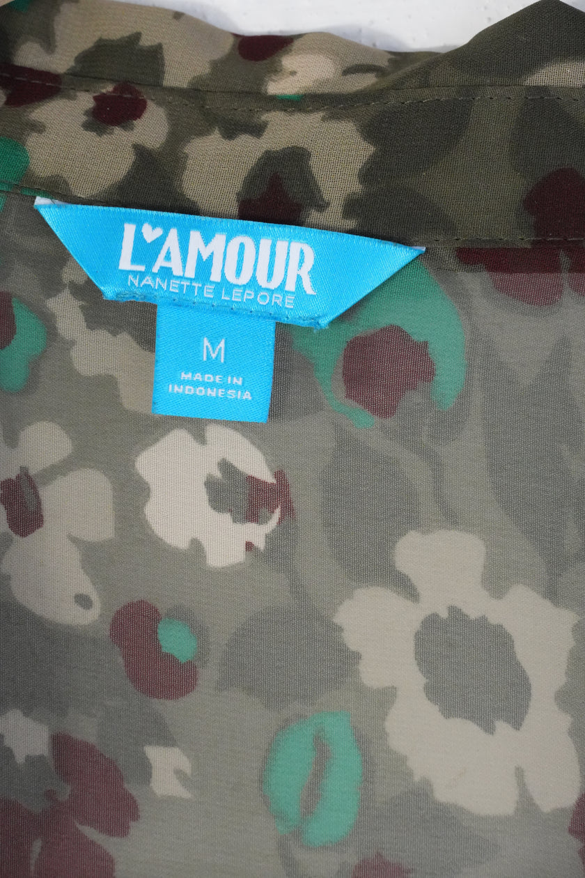 L'Amour Nanette Lepore Floral Button Down Tunic Women Medium Green Sheer
