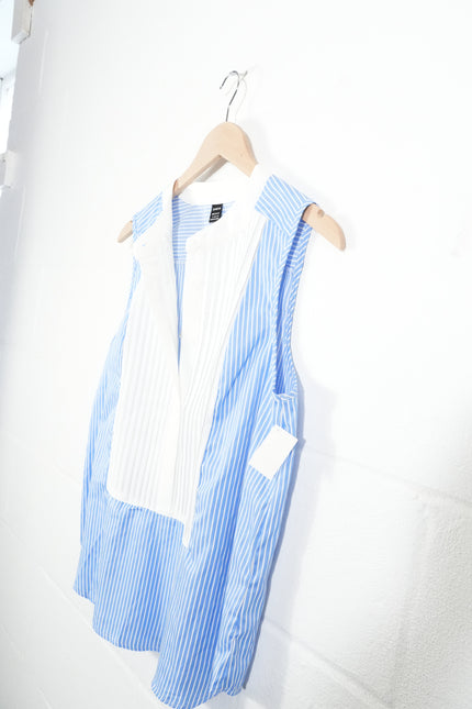 SHEIN Sleeveless Blouse Women Large Blue White Striped Pleated Tuxedo Bib Top