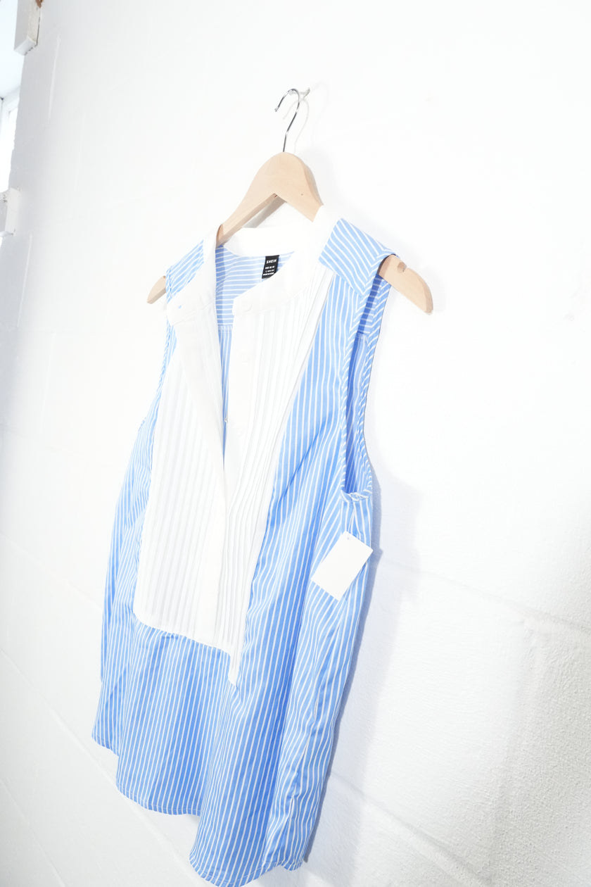 SHEIN Sleeveless Blouse Women Large Blue White Striped Pleated Tuxedo Bib Top