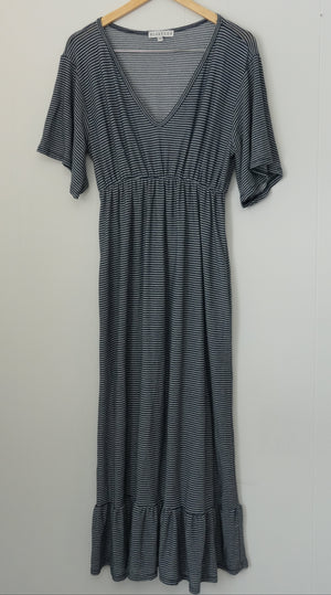 Blakeley Maxi Dress Women Small/Medium Dark Navy Blue Striped Ruffle V-Neck