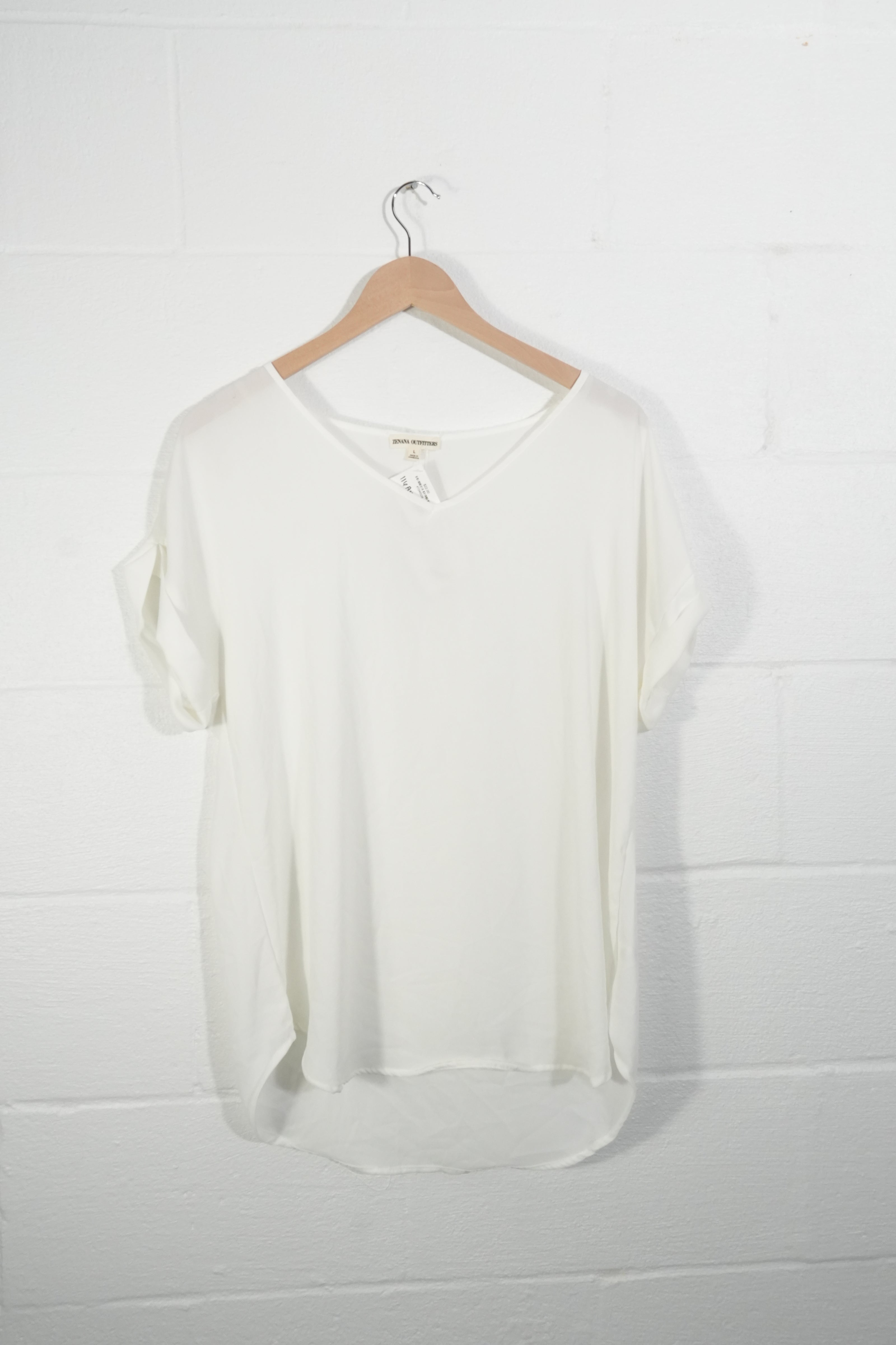 Zenana Outfitters Blouse Women Large White V-Neck Short Sleeve Rolled Cuff Top