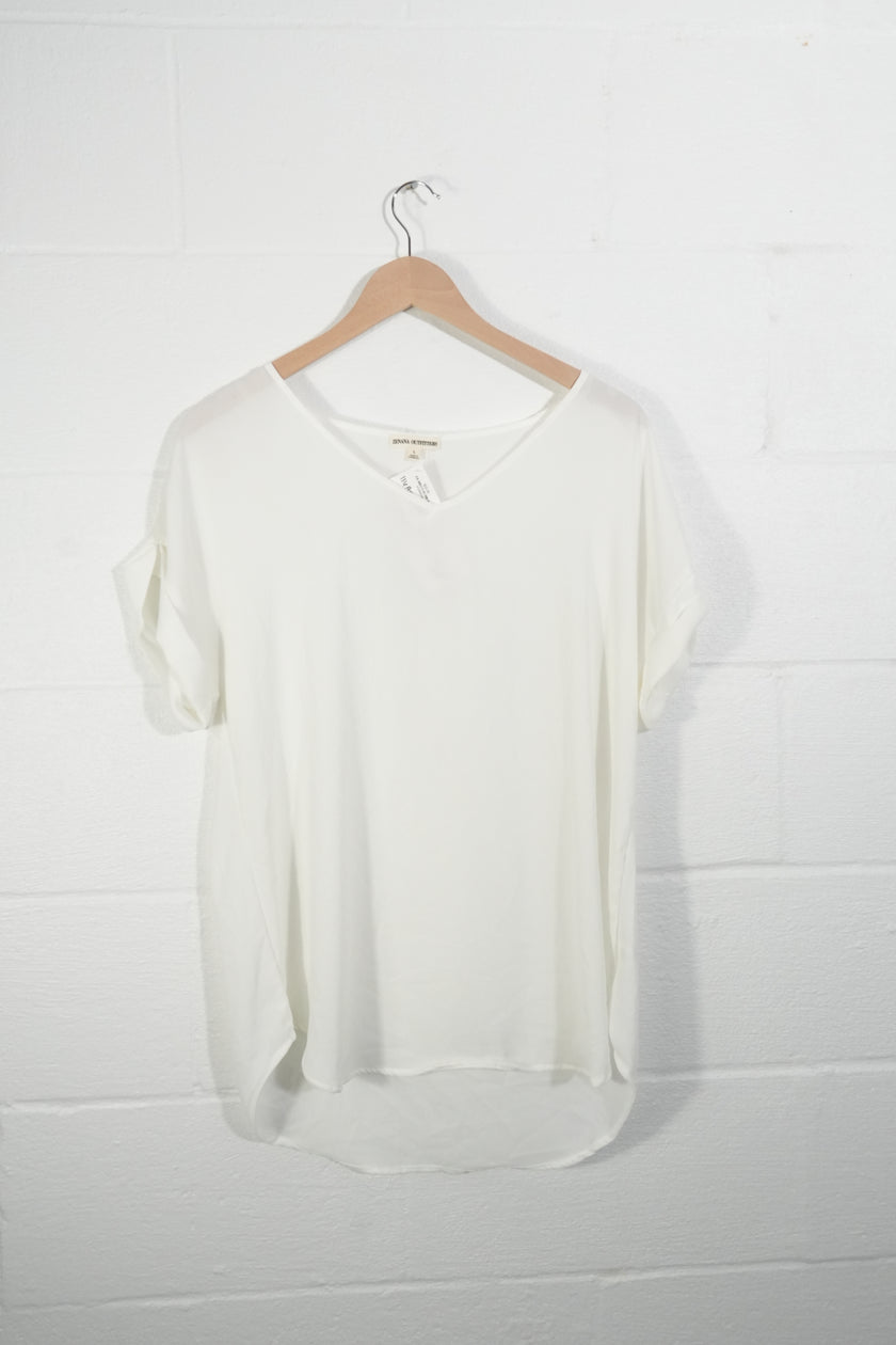 Zenana Outfitters Blouse Women Large White V-Neck Short Sleeve Rolled Cuff Top