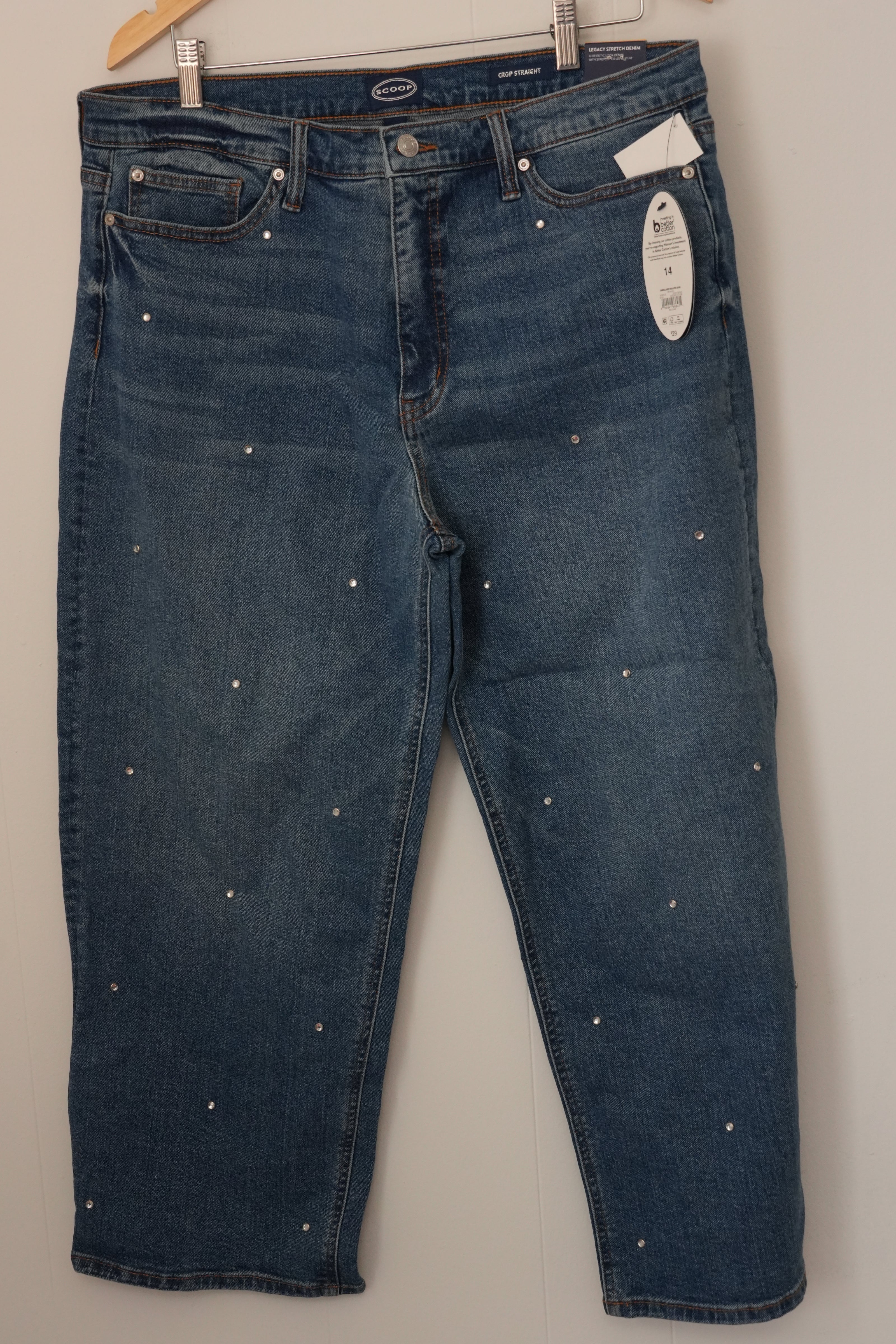Scoop Crop Straight Jeans Women Size 14 Blue Embellished Rhinestone Stretch New