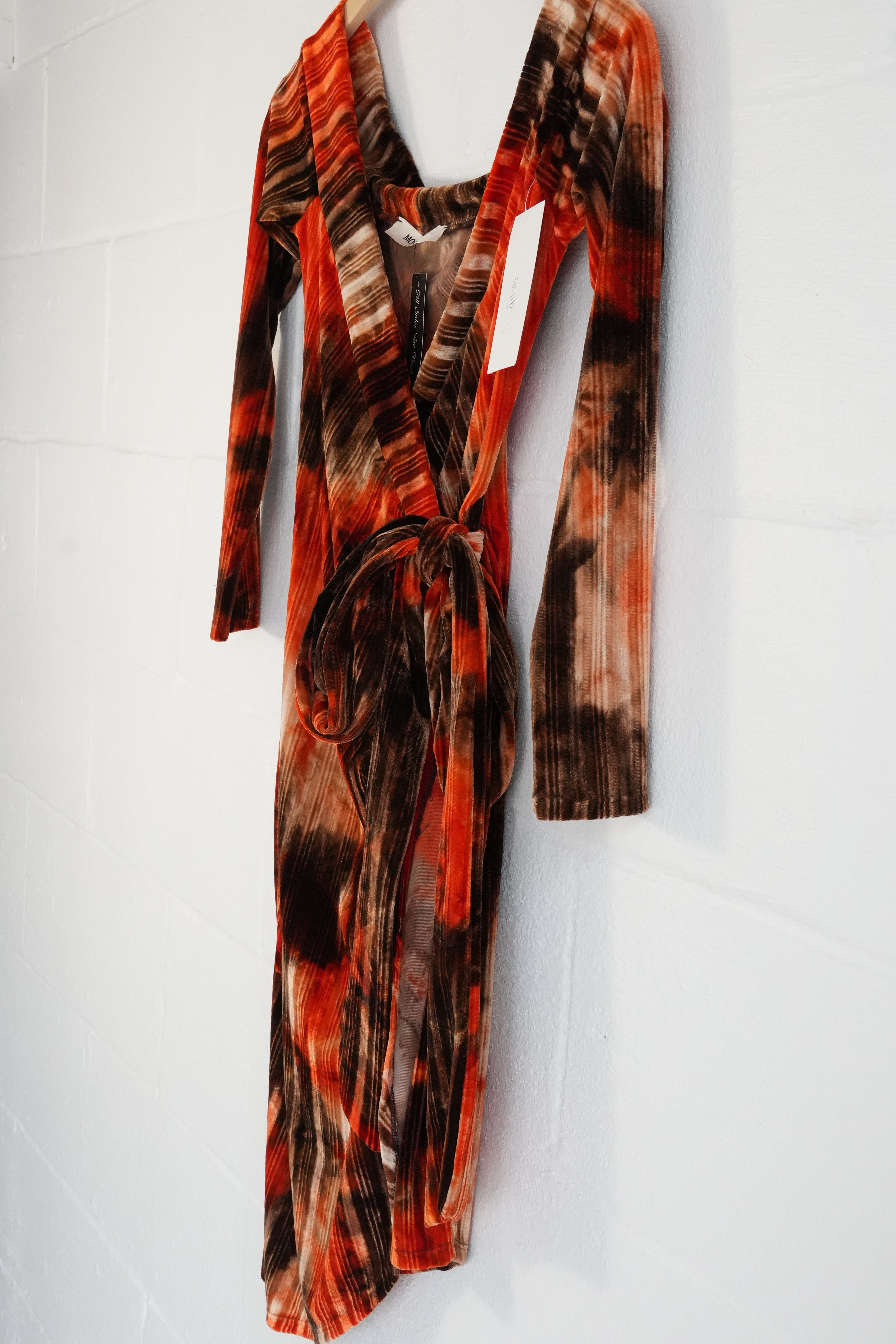 Monaco Velvet Wrap Dress Womens Small Orange Brown Off Shoulder Long Sleeve