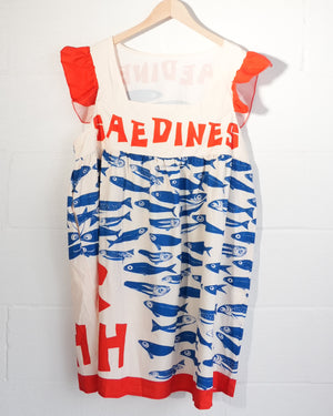 Novelty Print Dress Women Size Extra Large White Blue Red Ruffle Sleeve Shift