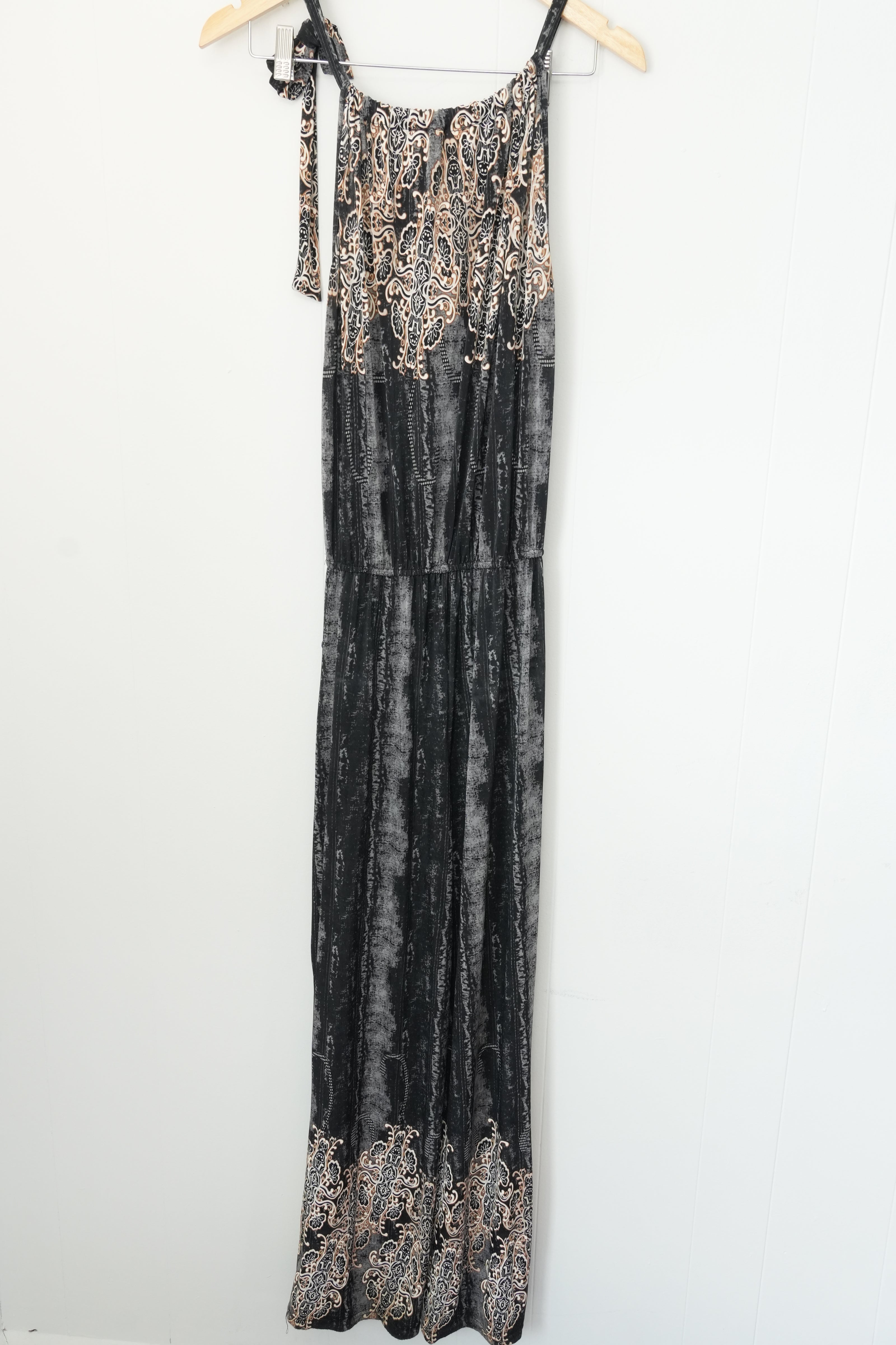 Romper Pants Jumper Women Medium Black Silk Blend Paisley Print Pocket