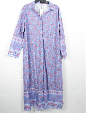 SHEIN X Maxi Dress Women Large Purple Pink Floral Medallion Long Sleeve Collared