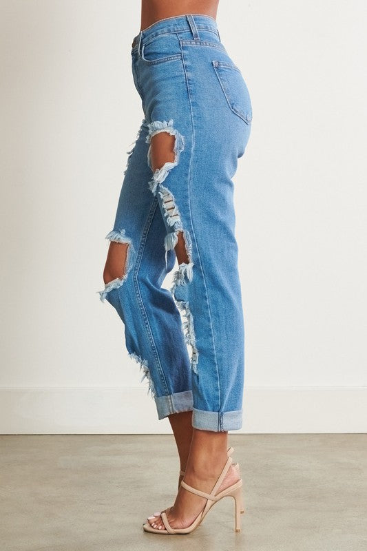 High-Waisted Distressed Boyfriend Jeans