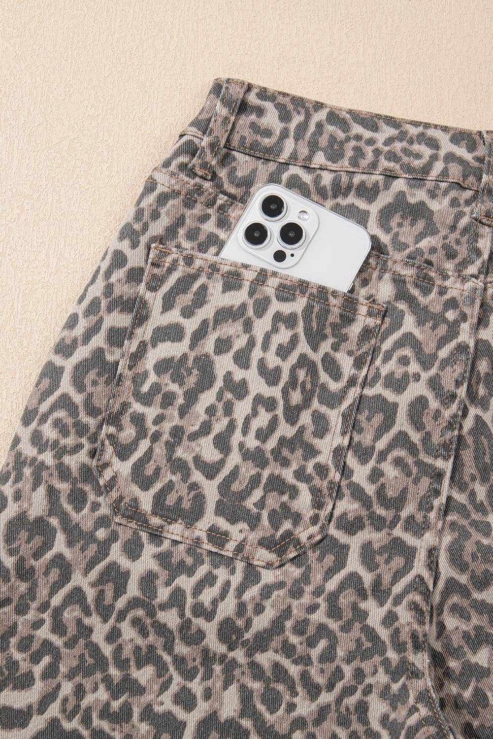 Brown Leopard Frayed Edge Wide Leg High Waist Jeans