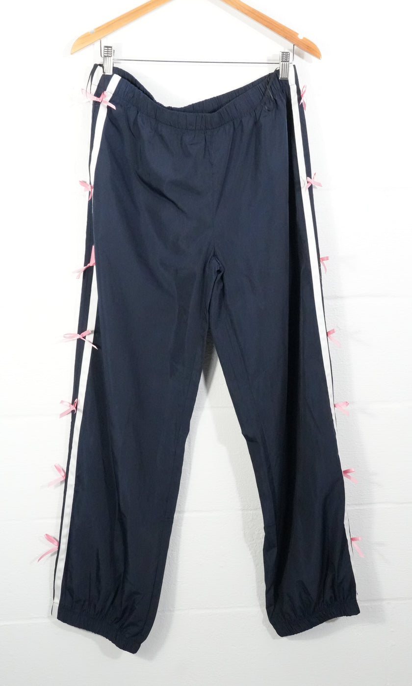 BIBI Track Pants Women Extra Large Navy Blue Pink Bow Side Stripe Joggers
