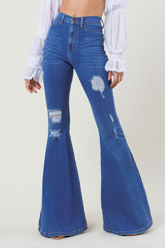 High-Rise Distressed Flare Jeans