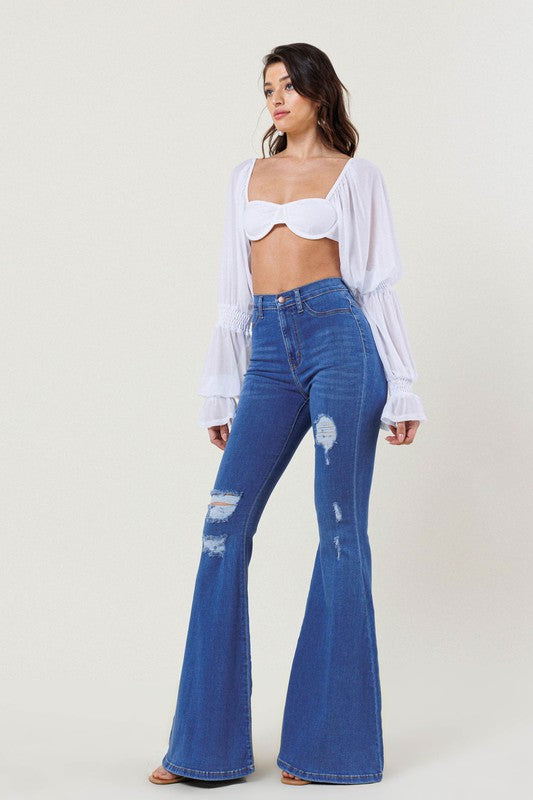 High-Rise Distressed Flare Jeans