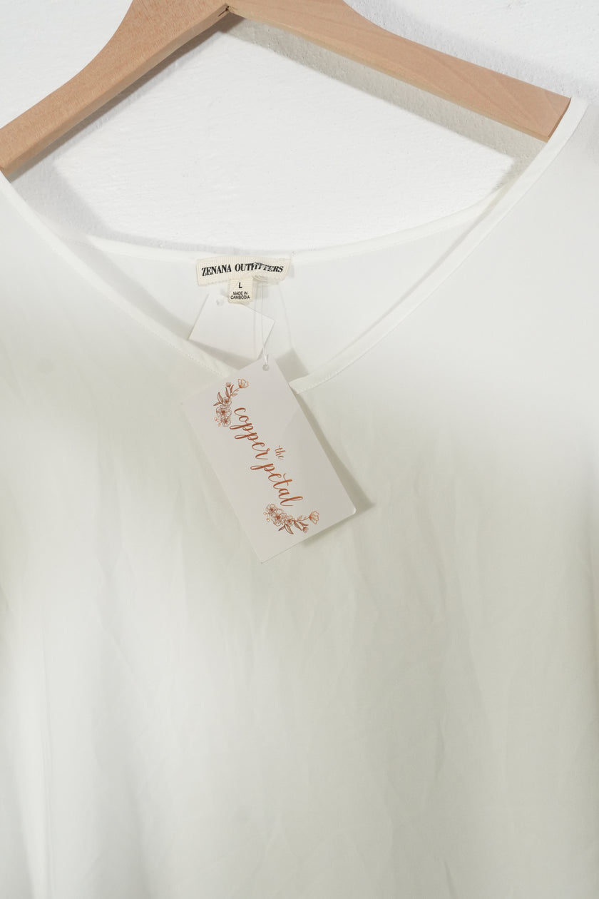 Zenana Outfitters Blouse Women Large White V-Neck Short Sleeve Rolled Cuff Top