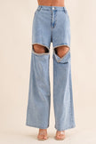 Washed Denim Cut Front Rhinestone Jeans