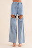 Washed Denim Cut Front Rhinestone Jeans