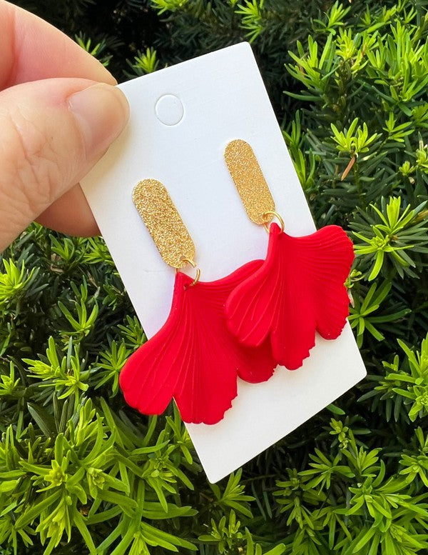 Red Gold Ginkgo Leaf Acrylic Statement Earrings