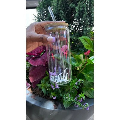 Purple & White Just Breathe Glass Cup