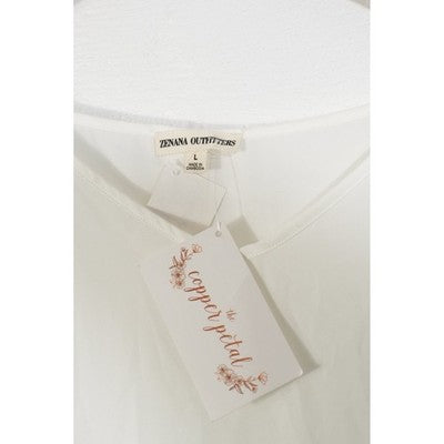 Zenana Outfitters Blouse Women Large White V-Neck Short Sleeve Rolled Cuff Top