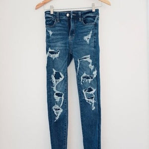 American Eagle Dark Wash Super Hi-Rise Distressed Jeggings Size 00