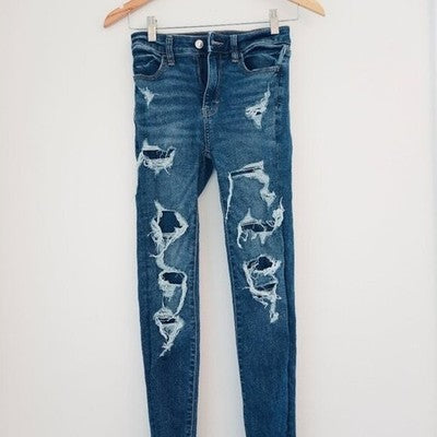 American Eagle Dark Wash Super Hi-Rise Distressed Jeggings Size 00