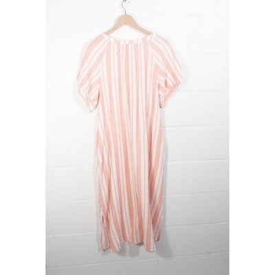 Time and Tru Double Cloth Midi Dress Women Large Coral Peony Striped Button