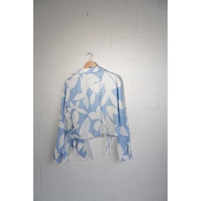 SHEIN Wrap Blouse Women Large Blue White Floral Abstract Long Sleeve Tie Top
