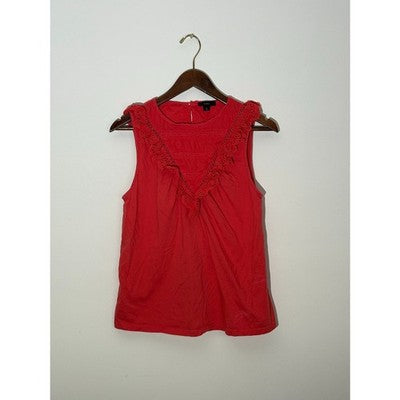 J. Crew Coral Red Eyelet Ruffle Trim Sleeveless Top Regular Fit Size Medium