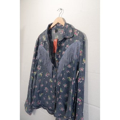 SHEIN Button Down Shirt Women X-Large Blue Floral Fringe Western Denim Top