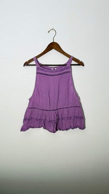 Free People Purple Boho Lace Trim Pintuck Ruffle Button Back Tank Top, Size Larg