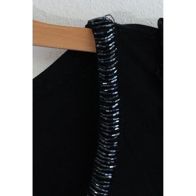 Kenar Tank Top Women Large Black Beaded Neck Ruffle Sleeve Viscose Ruching