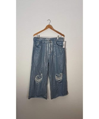 Fashionova Wide Leg Jeans Women Size 13 Silver Metallic Distressed Cropped